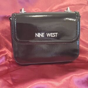 Nine West Black Patent Crossbody Mini Bag with Silver Logo Accent